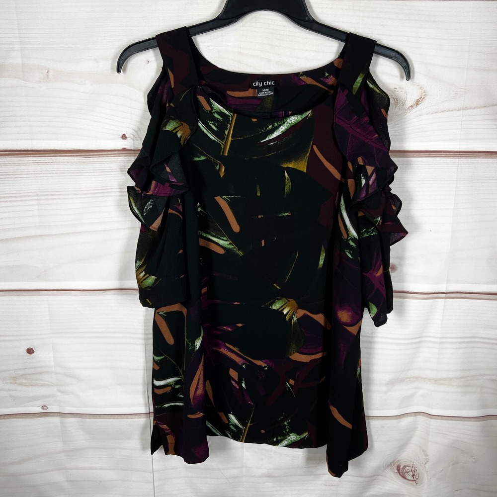 City Chic Cold Shoulder Blouse Womens M 18 Black Floral Tropical Ruffle Tunic